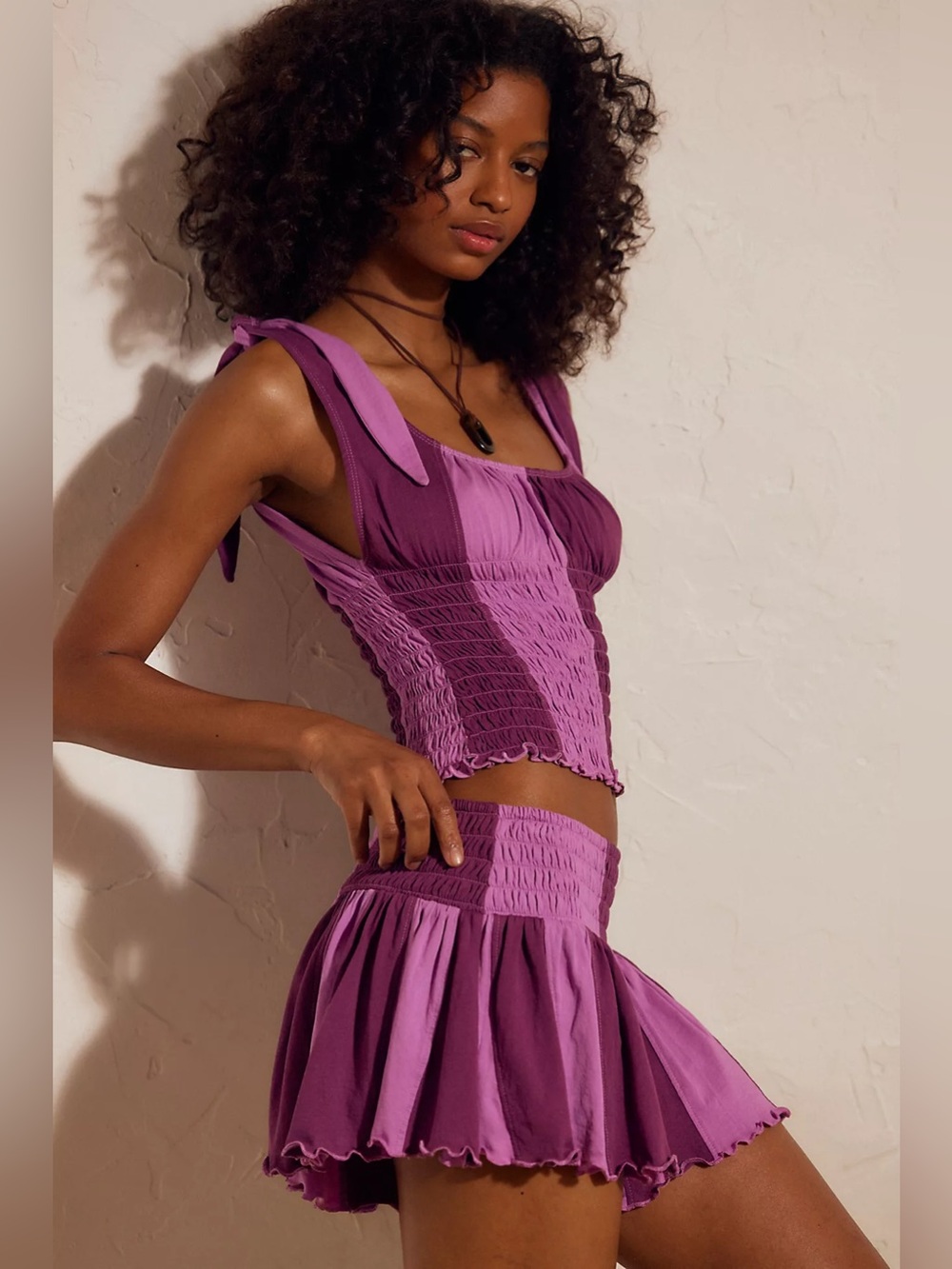 Free People Cute and Smocked Stripe Short Set in Blooming Grape Combo (SMALL)